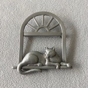 Brooch Pin of pewter Cat in the Window Relaxing by Jonette Jewelry